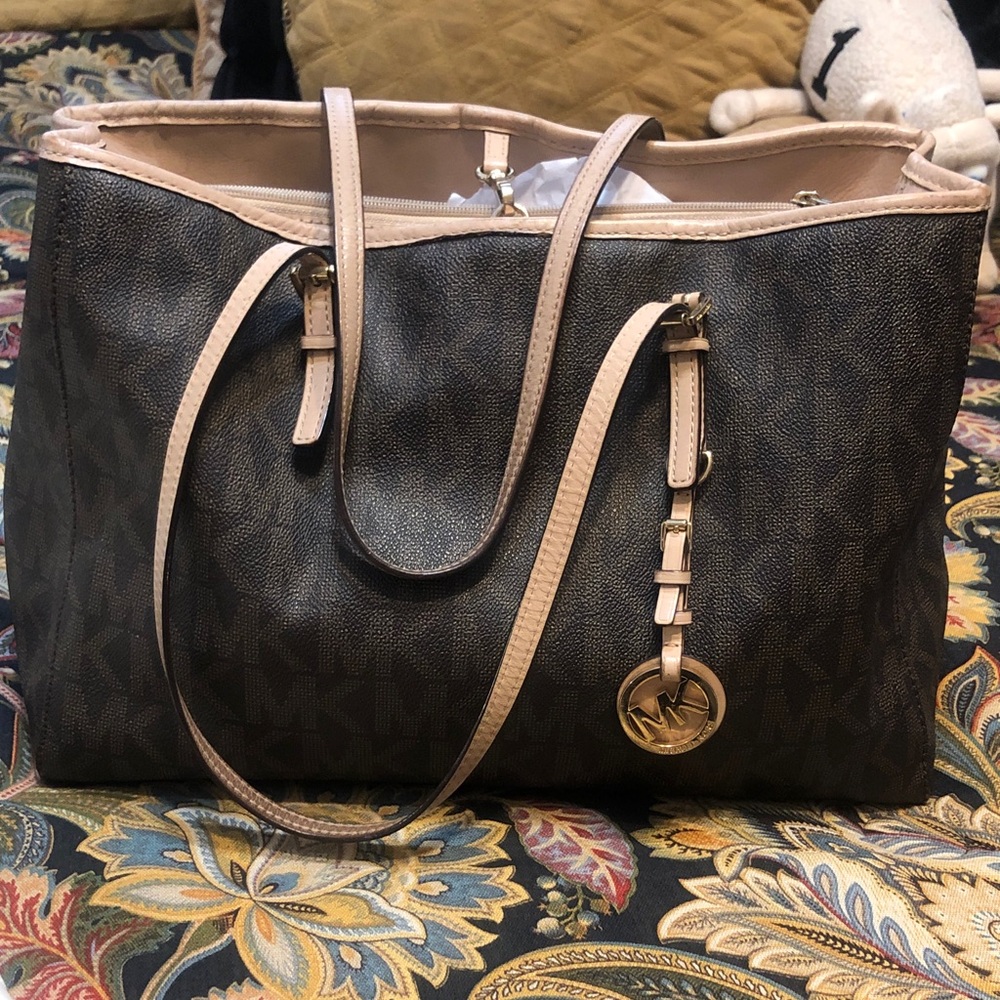Michael Kors Brown Logo Tote with Blush Trim and Gold Charm